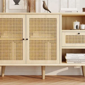 Dressoir met 1 lade, 2 nissen en 3 deuren geweven rotan - verstelbare planken - Naturel ModernLuxe