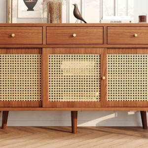 Dressoir met 3 laden en 3 schuifdeuren geweven rotan - verstelbare planken - Bruin ModernLuxe