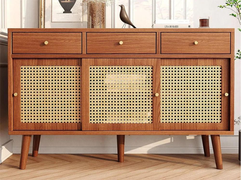 Dressoir met 3 laden en 3 schuifdeuren geweven rotan - verstelbare planken - Bruin ModernLuxe