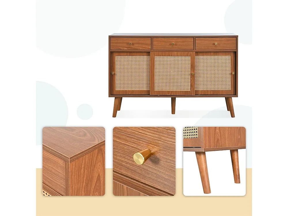 Dressoir met 3 laden en 3 schuifdeuren geweven rotan - verstelbare planken - Bruin ModernLuxe