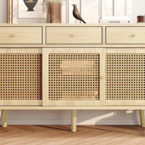 Dressoir met 3 lades en 3 schuifdeuren geweven rotan - verstelbare planken - Naturel ModernLuxe