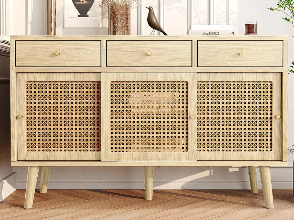 Dressoir met 3 lades en 3 schuifdeuren geweven rotan - verstelbare planken - Naturel ModernLuxe