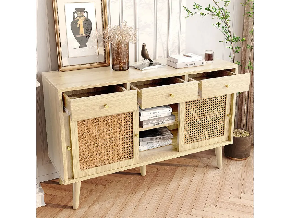 Dressoir met 3 lades en 3 schuifdeuren geweven rotan - verstelbare planken - Naturel ModernLuxe