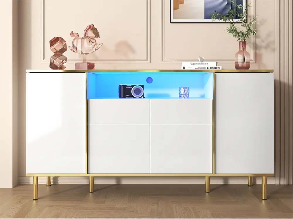 Dressoir met LED - 4 deuren 2 laden - Glanzend oppervlak - eigentijdse stijl - Wit ModernLuxe