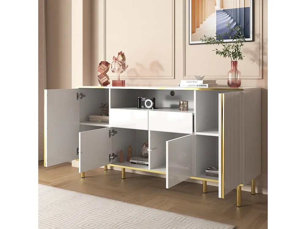 Dressoir met LED - 4 deuren 2 laden - Glanzend oppervlak - eigentijdse stijl - Wit ModernLuxe