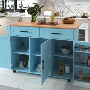 Dressoir met opklapbare console - 2 laden + opbergkastdeuren - poten op zwenkwielen massief hout - Hemelsblauw ModernLuxe