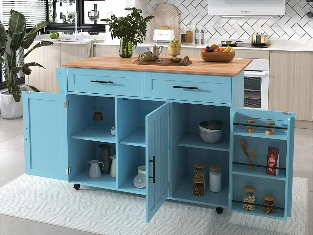 Dressoir met opklapbare console - 2 laden + opbergkastdeuren - poten op zwenkwielen massief hout - Hemelsblauw ModernLuxe
