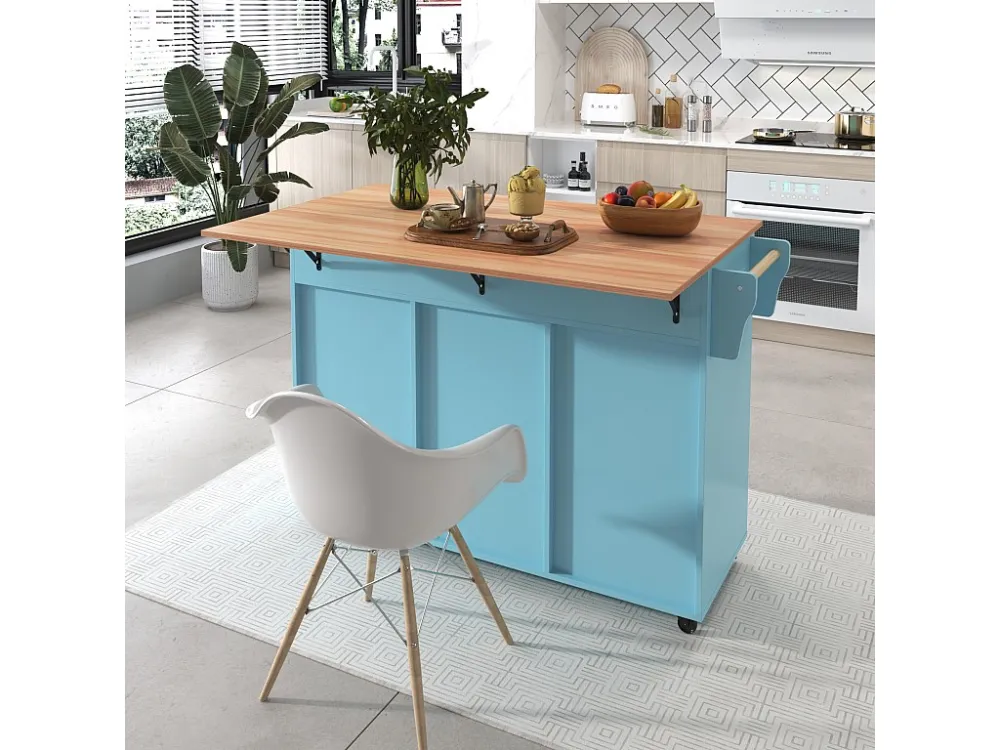 Dressoir met opklapbare console - 2 laden + opbergkastdeuren - poten op zwenkwielen massief hout - Hemelsblauw ModernLuxe