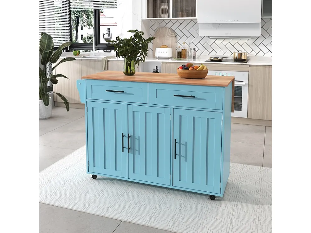 Dressoir met opklapbare console - 2 laden + opbergkastdeuren - poten op zwenkwielen massief hout - Hemelsblauw ModernLuxe