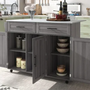 Dressoir met opklapbare console en 2 laden - poten op zwenkwielen massief hout - Grijs ModernLuxe