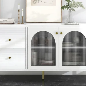 Dressoir van 120 cm met 2 glazen deuren en 2 laden - blad met marmereffect - gouden poten - Wit ModernLuxe