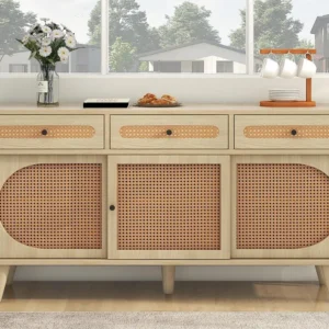Dressoir van 140 cm met 3 rotan schuifdeuren en 3 laden - verstelbare interne planken - naturel ModernLuxe
