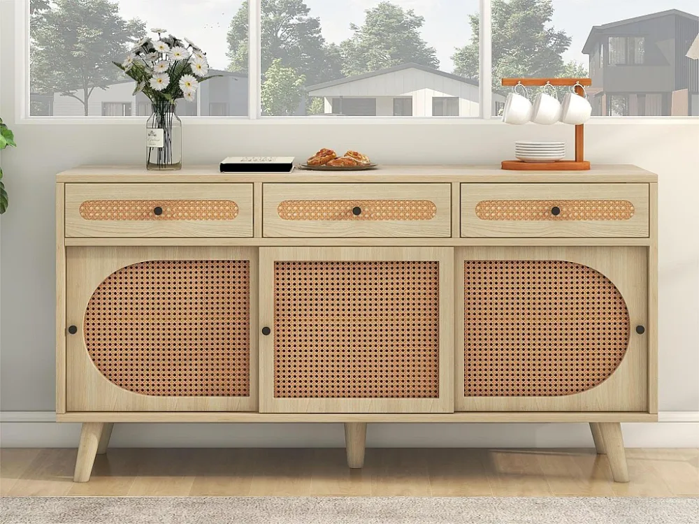 Dressoir van 140 cm met 3 rotan schuifdeuren en 3 laden - verstelbare interne planken - naturel ModernLuxe