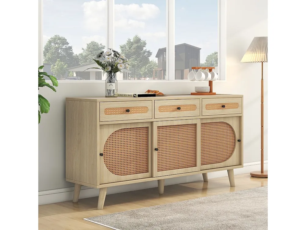 Dressoir van 140 cm met 3 rotan schuifdeuren en 3 laden - verstelbare interne planken - naturel ModernLuxe