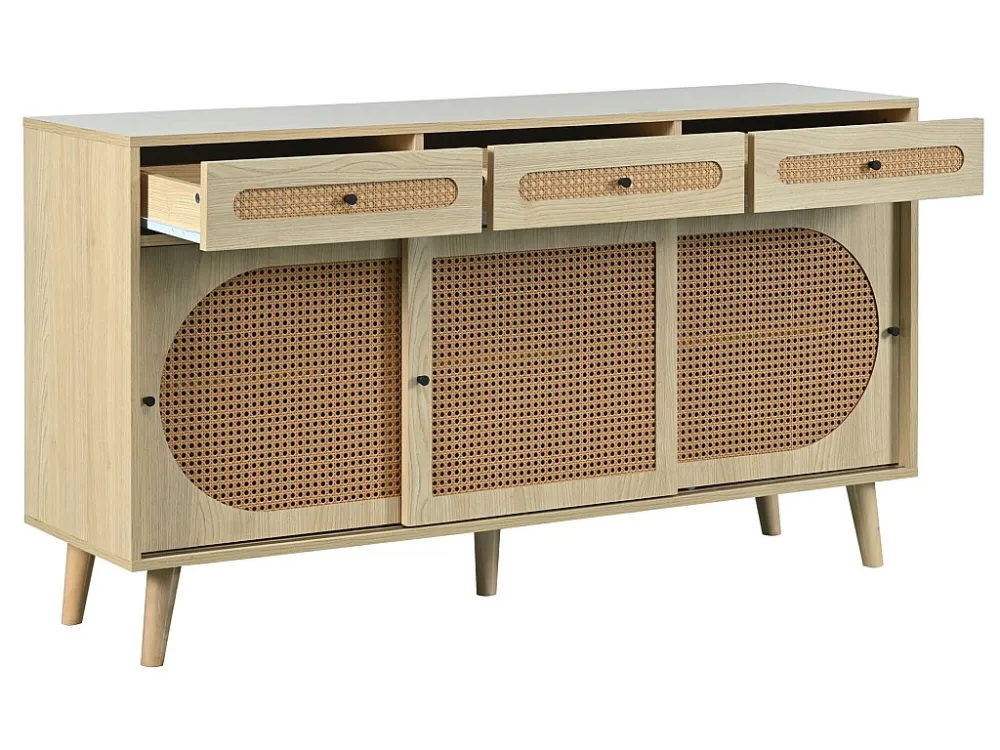 Dressoir van 140 cm met 3 rotan schuifdeuren en 3 laden - verstelbare interne planken - naturel ModernLuxe