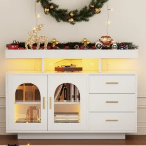 Dressoir、keukenkast met LED - 3 laden en 2 deuren - Wit ModernLuxe