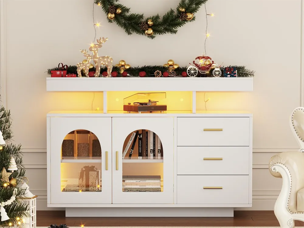 Dressoir、keukenkast met LED - 3 laden en 2 deuren - Wit ModernLuxe