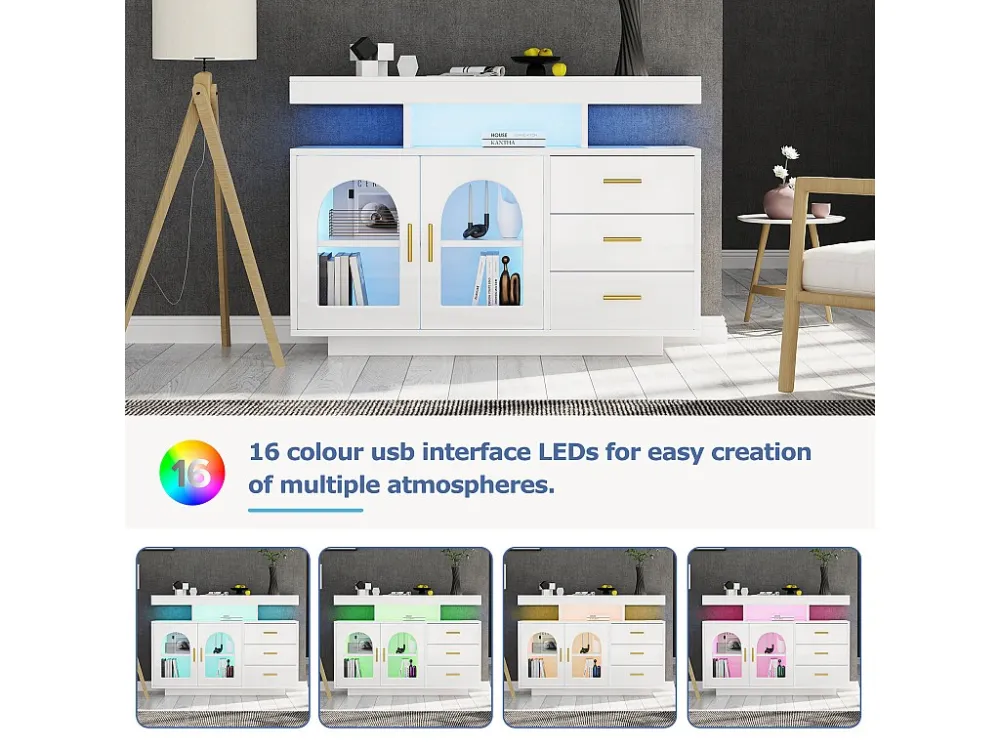 Dressoir、keukenkast met LED - 3 laden en 2 deuren - Wit ModernLuxe