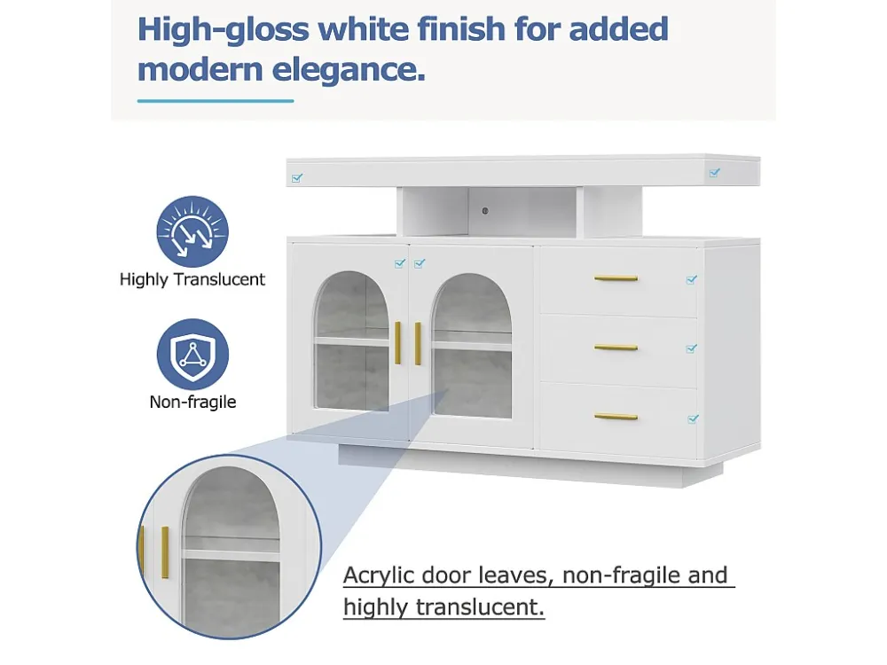 Dressoir、keukenkast met LED - 3 laden en 2 deuren - Wit ModernLuxe