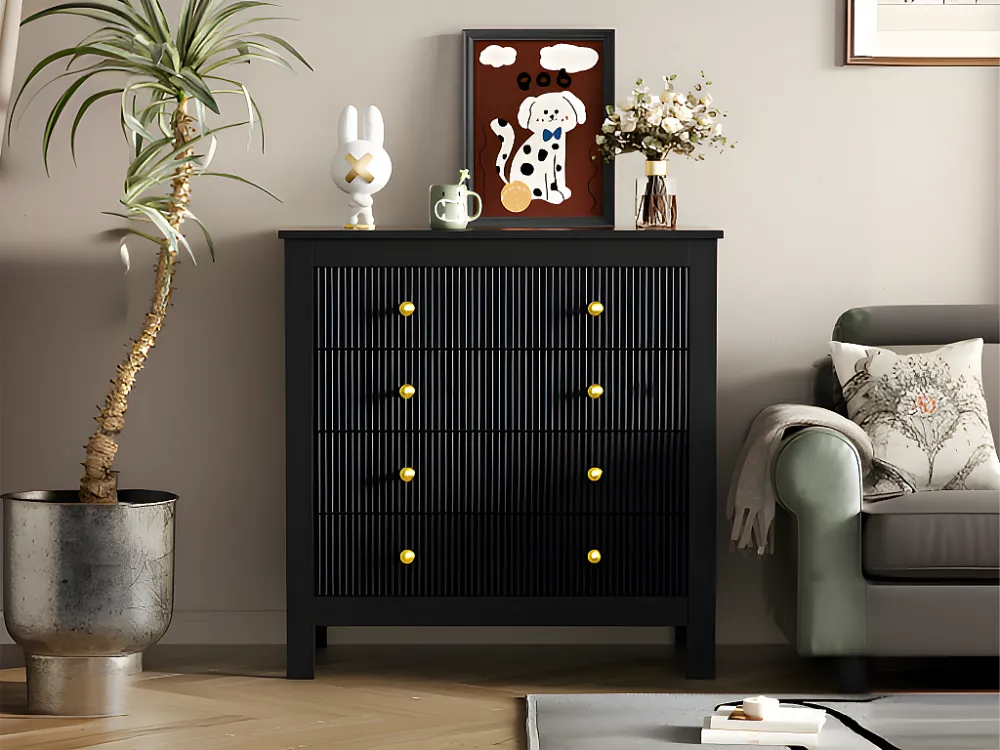 Dressoir、ladekast met 4 laden - spaanplaat - Zwart ModernLuxe