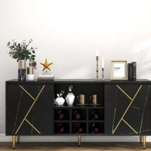 Inclusief dressoir met wijnrek - versierd met gouden strepen - Zwart ModernLuxe