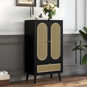 Laag dressoir - H 110 cm - 2 deuren en 1 rotan lade - Zwart ModernLuxe