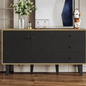 Laag dressoir - 2 deuren met verstelbare planken en 3 lades - Zwart ModernLuxe