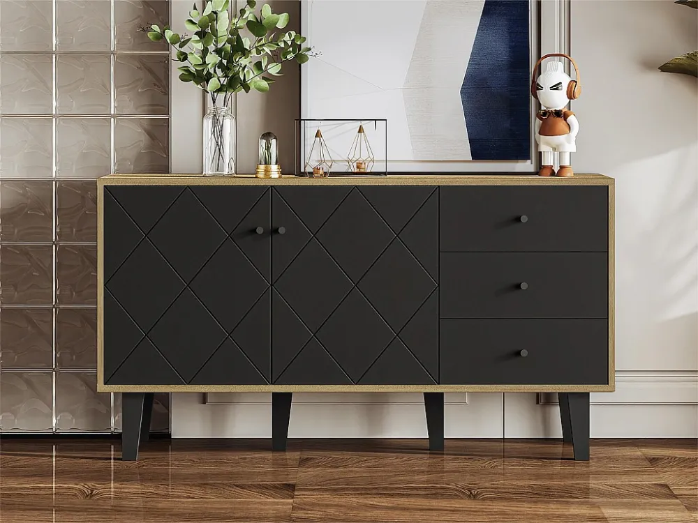 Laag dressoir - 2 deuren met verstelbare planken en 3 lades - Zwart ModernLuxe