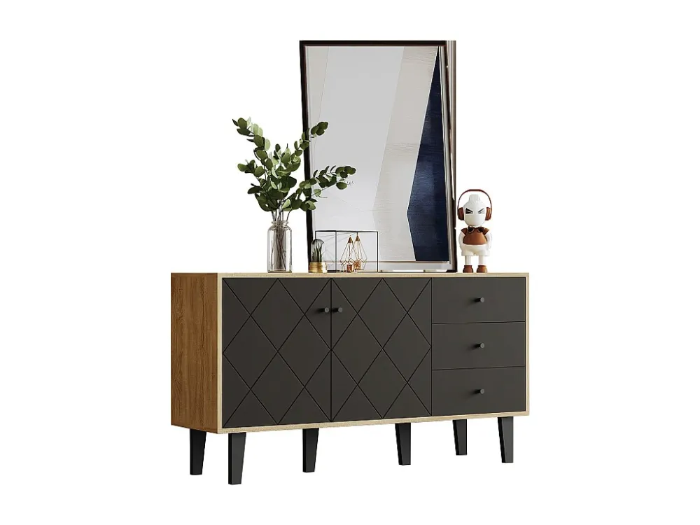 Laag dressoir - 2 deuren met verstelbare planken en 3 lades - Zwart ModernLuxe