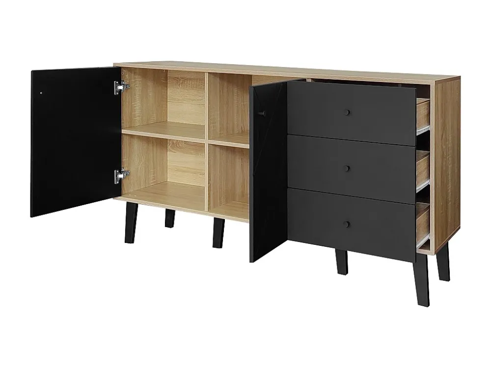 Laag dressoir - 2 deuren met verstelbare planken en 3 lades - Zwart ModernLuxe