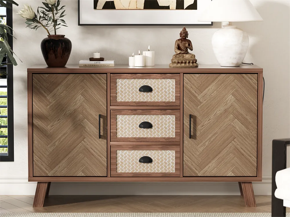 Laag dressoir - 3 laden en 2 deuren - massief houten poten - Naturel ModernLuxe