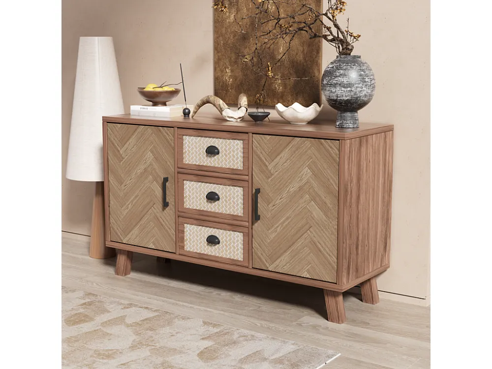 Laag dressoir - 3 laden en 2 deuren - massief houten poten - Naturel ModernLuxe