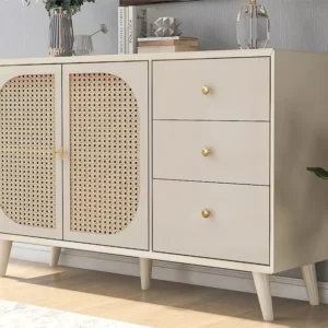 Laag dressoir met 2 deuren en 3 laden - rotan deuren - Crème ModernLuxe