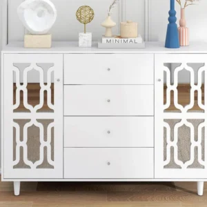 Laag dressoir met 2 deuren en 4 laden - spiegelafwerking - kristallen handgreep - wit ModernLuxe