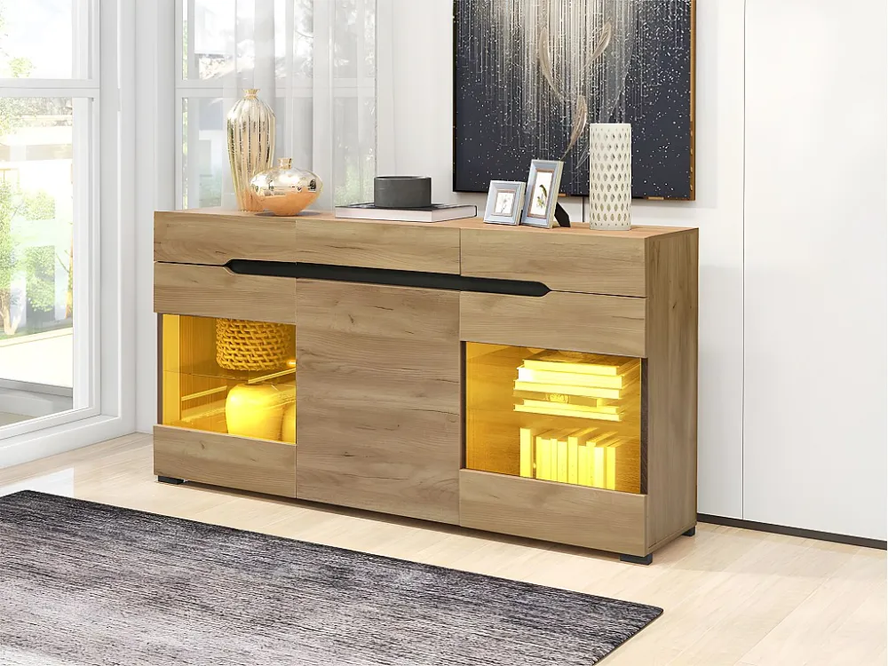 Laag dressoir met LED - 3 deuren en 3 lades - Naturel ModernLuxe