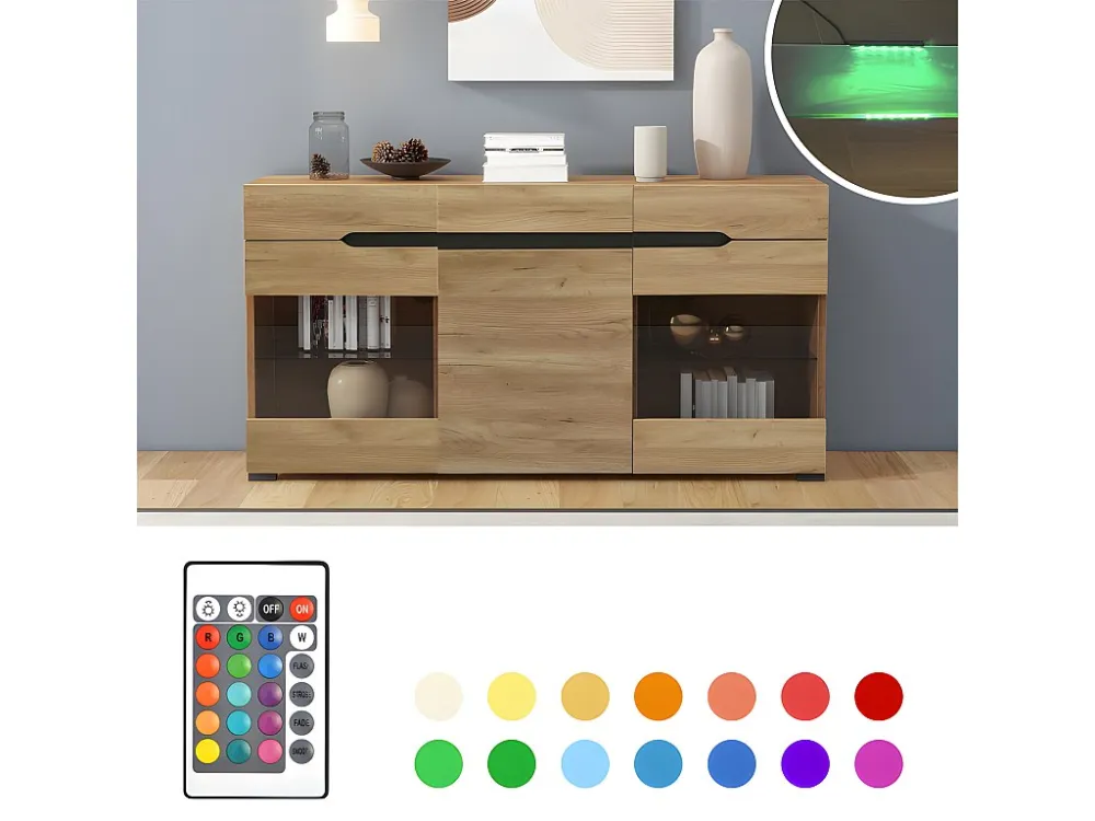 Laag dressoir met LED - 3 deuren en 3 lades - Naturel ModernLuxe