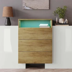 Laag dressoir met LED - 2 deuren 3 lades - naturel en wit ModernLuxe