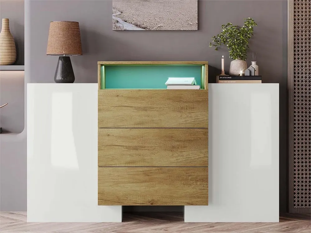Laag dressoir met LED - 2 deuren 3 lades - naturel en wit ModernLuxe