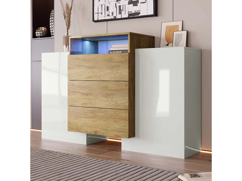 Laag dressoir met LED - 2 deuren 3 lades - naturel en wit ModernLuxe