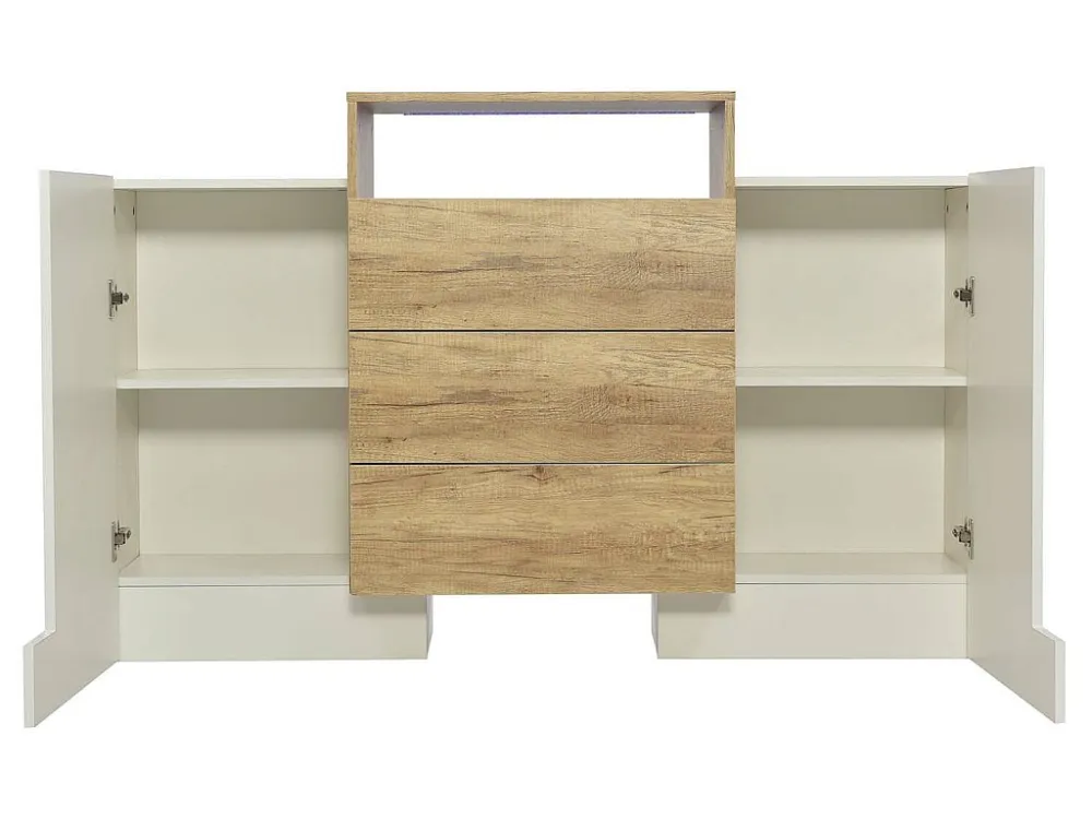 Laag dressoir met LED - 2 deuren 3 lades - naturel en wit ModernLuxe