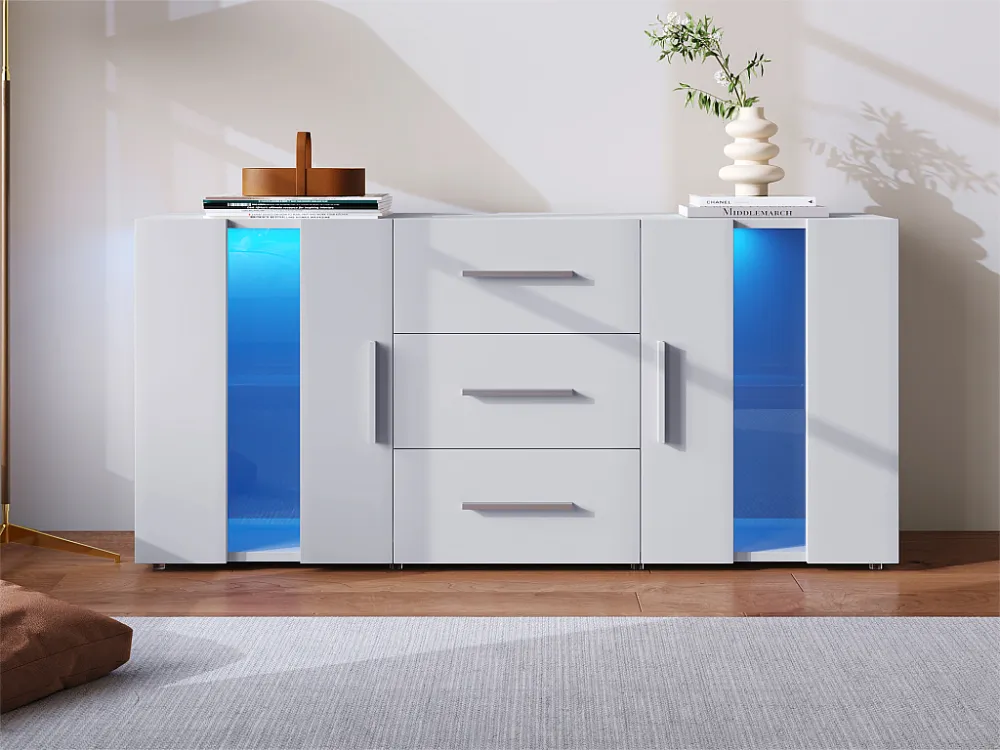Laag dressoir met LED - 2 deuren 3 lades - verstelbare planken - Wit ModernLuxe