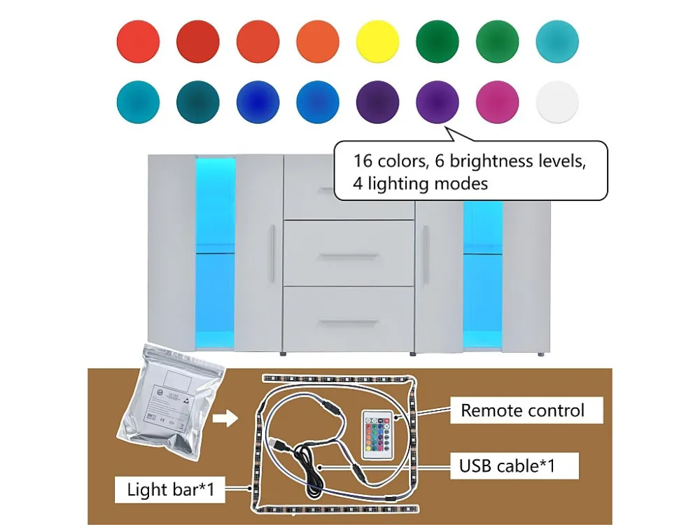 Laag dressoir met LED - 2 deuren 3 lades - verstelbare planken - Wit ModernLuxe