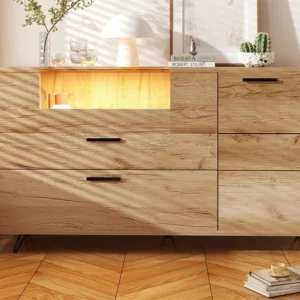 Laag dressoir met LED - 3 vakken en 2 lades - spaanplaat - Naturel ModernLuxe