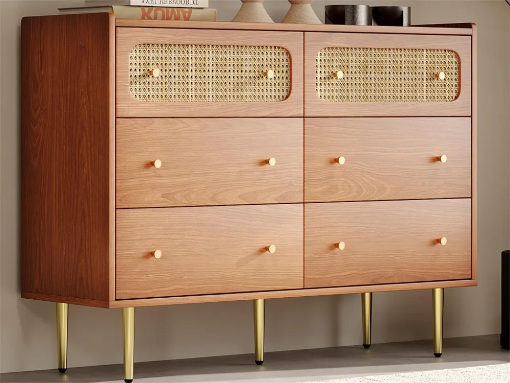 Laag rotan dressoir met 6 laden - bruin ModernLuxe