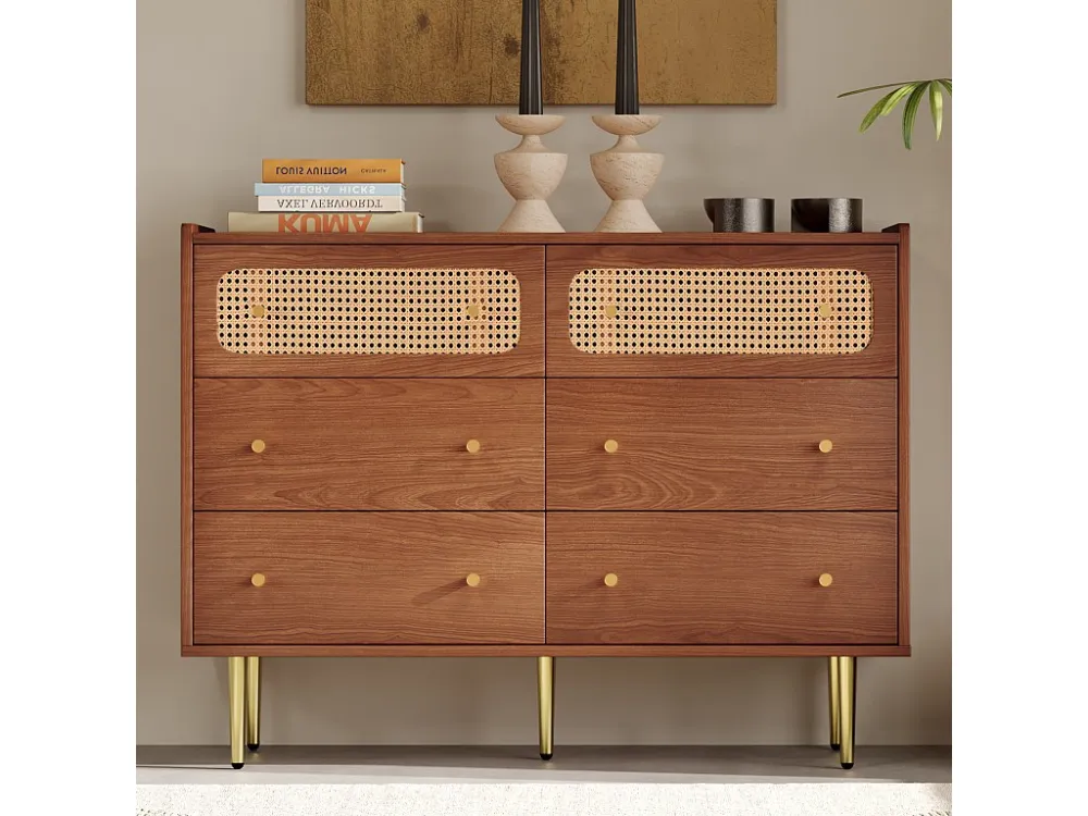 Laag rotan dressoir met 6 laden - bruin ModernLuxe