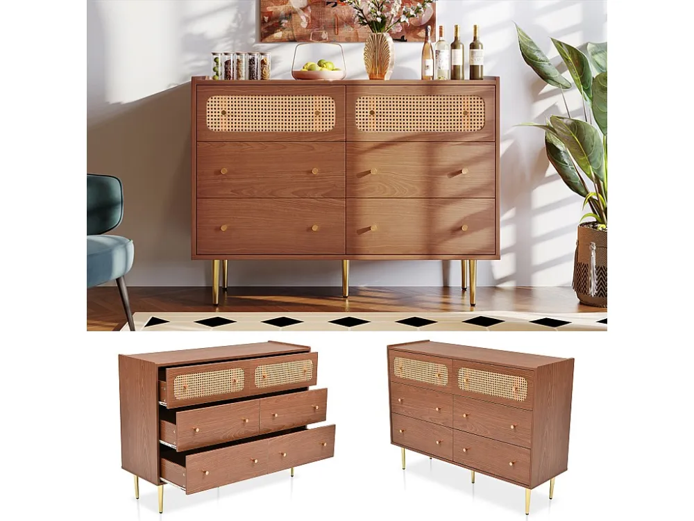 Laag rotan dressoir met 6 laden - bruin ModernLuxe