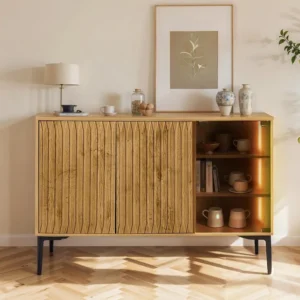 MDF dressoir met LED - 2 deuren en 3 open vakken - Naturel ModernLuxe