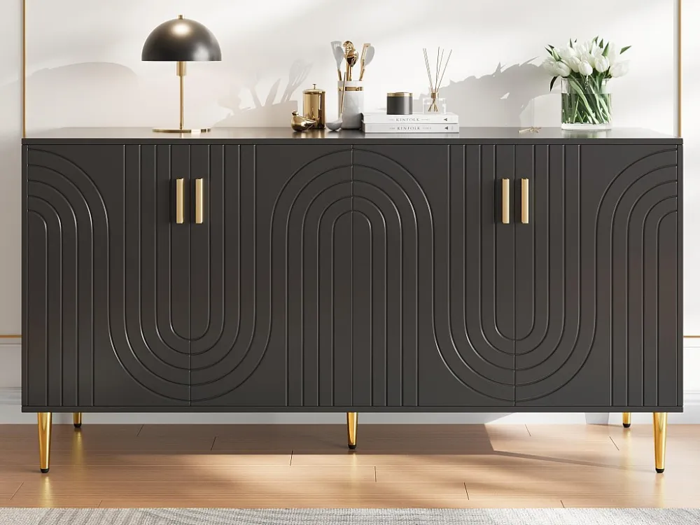 Modern dressoir - 4 deuren met golvenpatroon - MDF - Zwart ModernLuxe