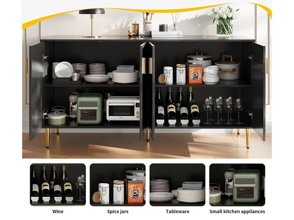 Modern dressoir - 4 deuren met golvenpatroon - MDF - Zwart ModernLuxe