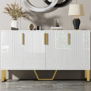 Modern dressoir - 4 gegraveerde getextureerde deuren met gouden handgrepen - Wit ModernLuxe